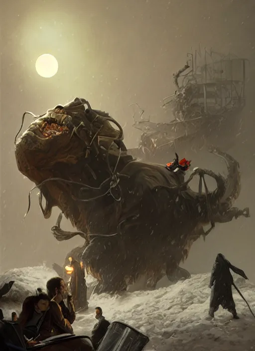 Image similar to giant steve buscemi attacking an encampment during a blizzard, highly detailed, digital illustration, artstation, concept art, matte, sharp focus, illustration, dramatic, full moon, art by artgerm and greg rutkowski and alphonse mucha