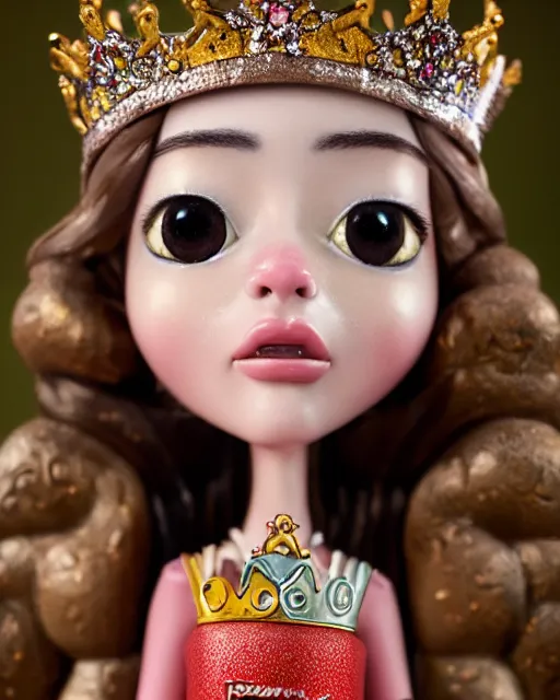 Image similar to closeup face profile portrait of a tin toy fairytale princess wearing a crown eating cakes in the castle, bikini, depth of field, zeiss lens, detailed, symmetrical, centered, fashion photoshoot, by nicoletta ceccoli, mark ryden, lostfish, breathtaking, 8 k resolution, extremely detailed, beautiful, establishing shot, artistic, hyperrealistic, octane render