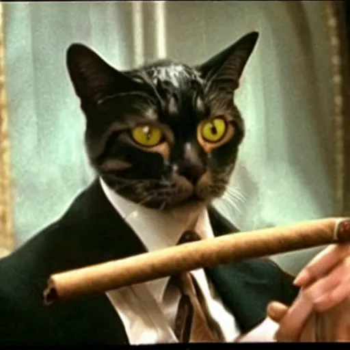 Image similar to A still of a cat smoking a cigar in The Godfather (1972)