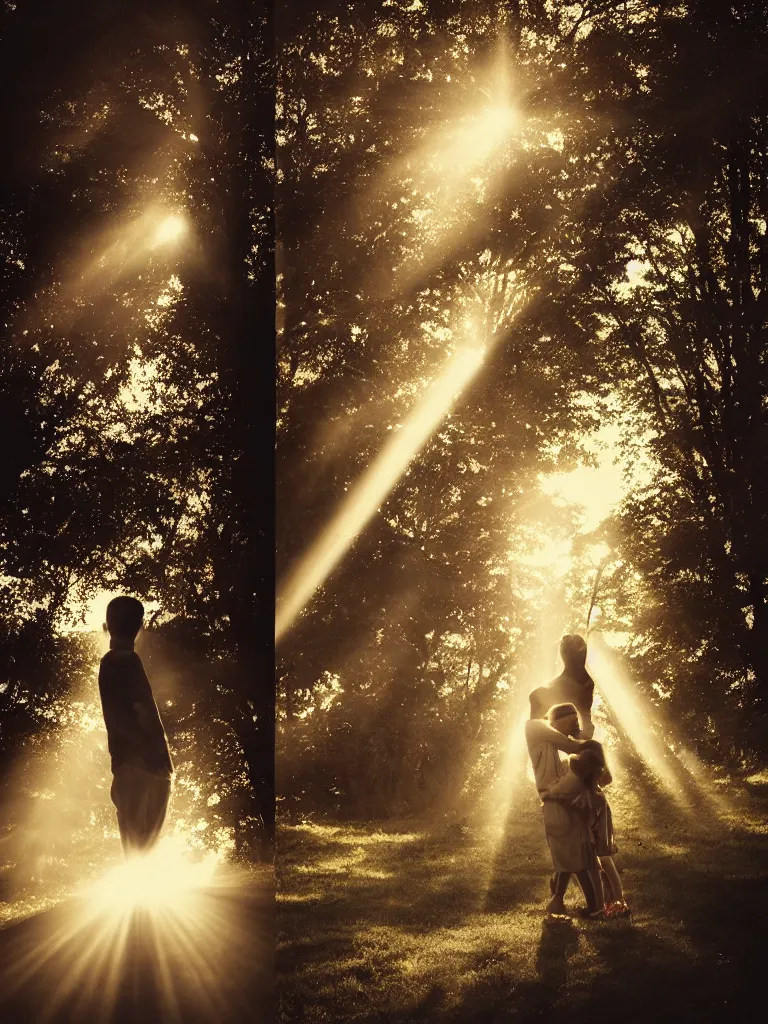 Image similar to a boy and a girl side by side, posing for a picture, a strong light behind their faces, god rays, nostalgic, night, some trees in the background, old polaroid, dramatic reddish light, atmospheric