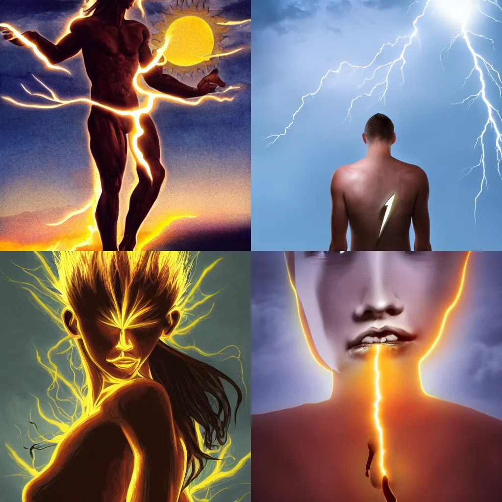 Prompt: lightning human hybrid devouring the sun