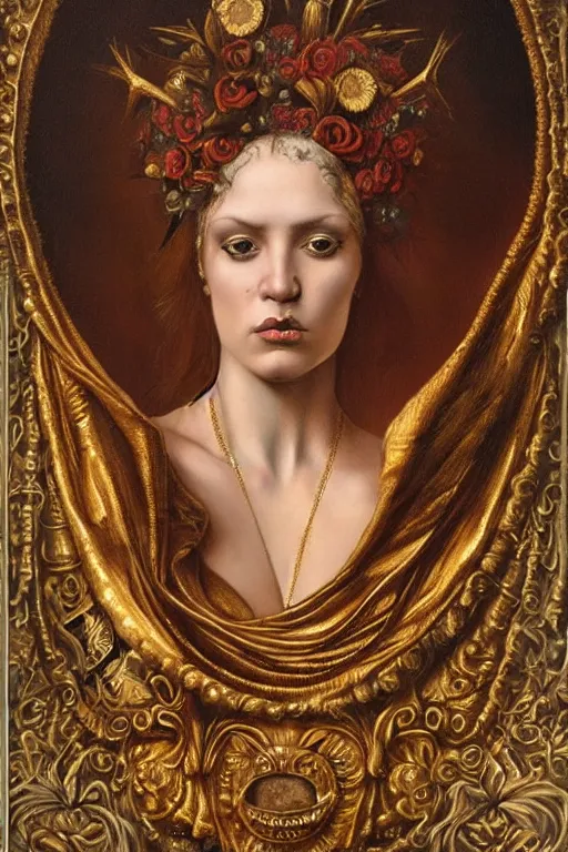 Image similar to hyper realistic painting portrait of the lady of punk, occult diagram, elaborate details, detailed face, intrincate ornaments, gold decoration, occult art, oil painting, art noveau, in the style of roberto ferri, gustav moreau, jean delville, bussiere, andrew gonzalez
