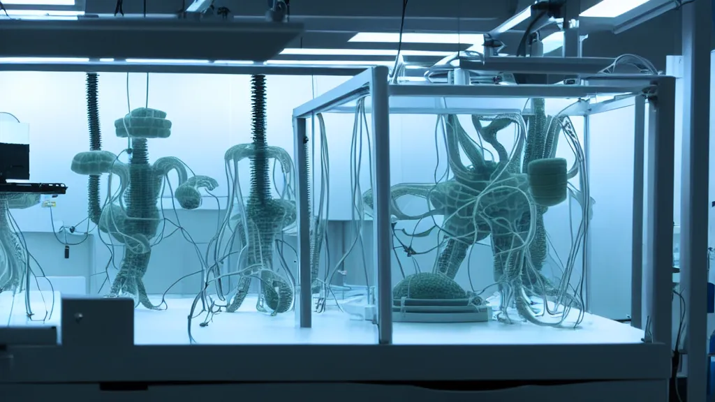 Image similar to a octoidal mri 3 d printer machine and control panels in the laboratory inspection room making organic forms, film still from the movie directed by denis villeneuve with art direction by salvador dali, wide lens