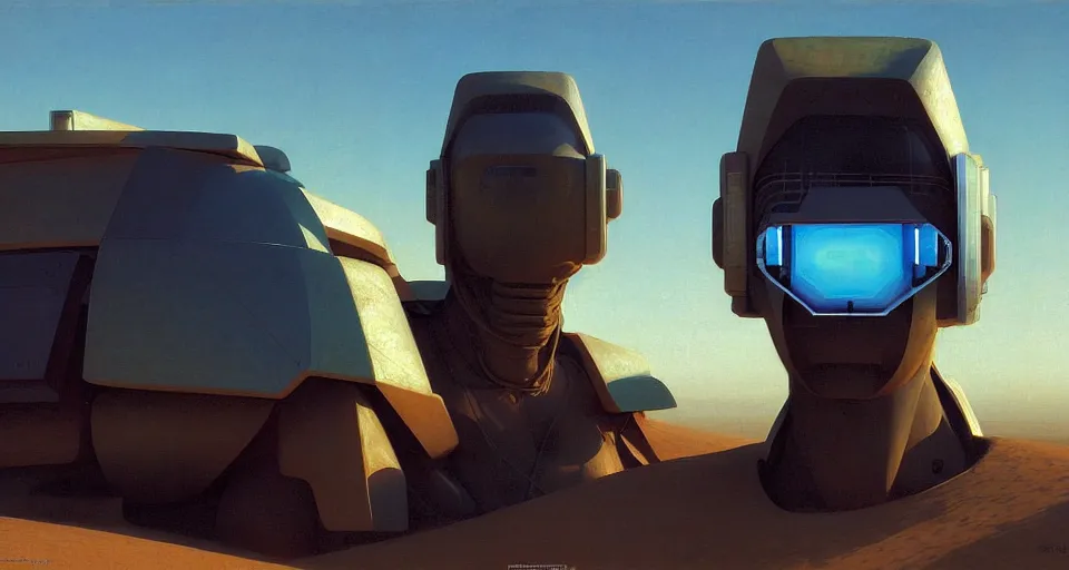 Prompt: protrait of a cyberpunk touareg, by ruan jia, weldon casey, ralph mcquarrie. smooth gradients, transparent inflatable structures in akakus desert.