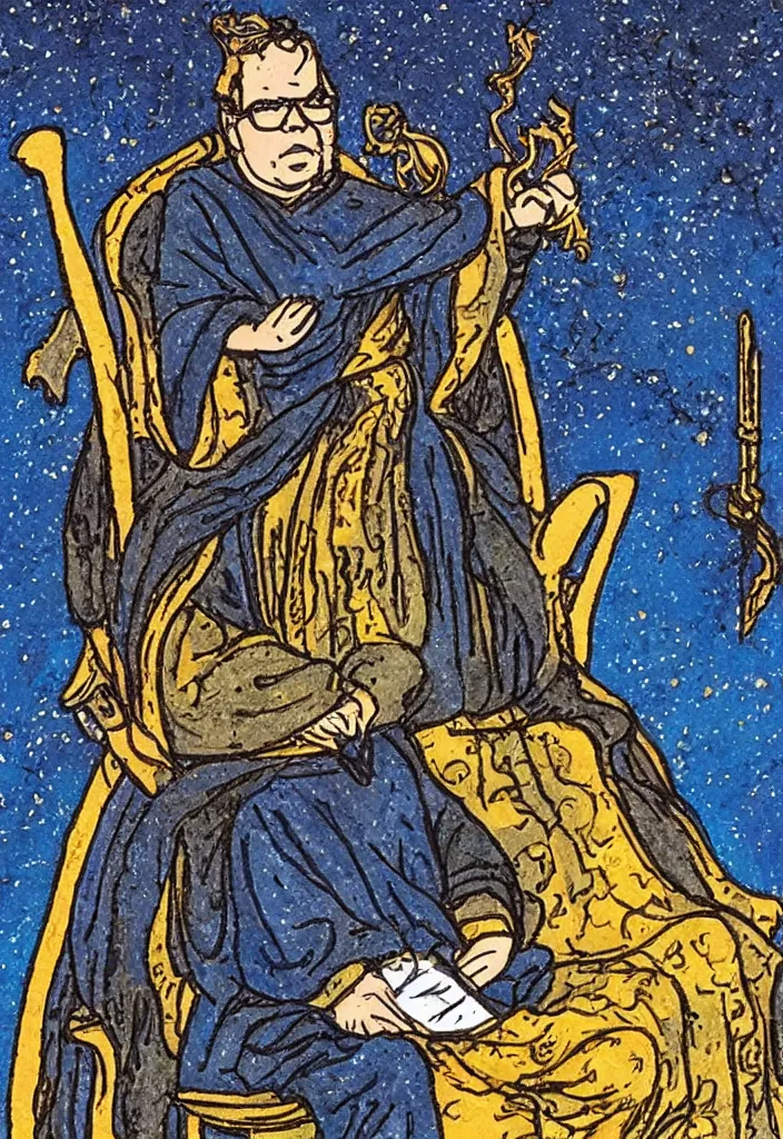 Image similar to Yann LeCun sitting on the throne on a tarot card, illustrated on the Rider–Waite tarot, highly detailed