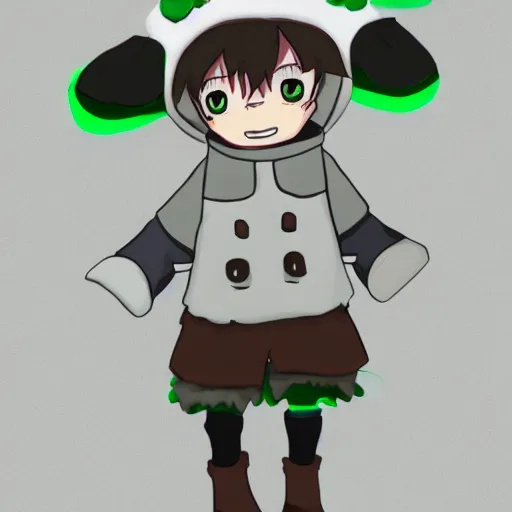 Image similar to little boy wearing sheep suit. white, gray, blue, green and brown pallet color. made in abyss art style, inspired in chris from deltarrune, high details