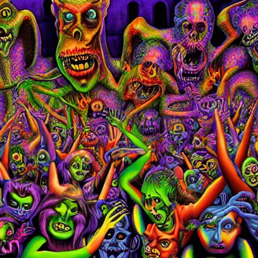 Image similar to digital painting of demons in rave party in hell by Chor Boogie, intricate details, ultra detailed, 4K, award-winning, touch of M. C. Escher
