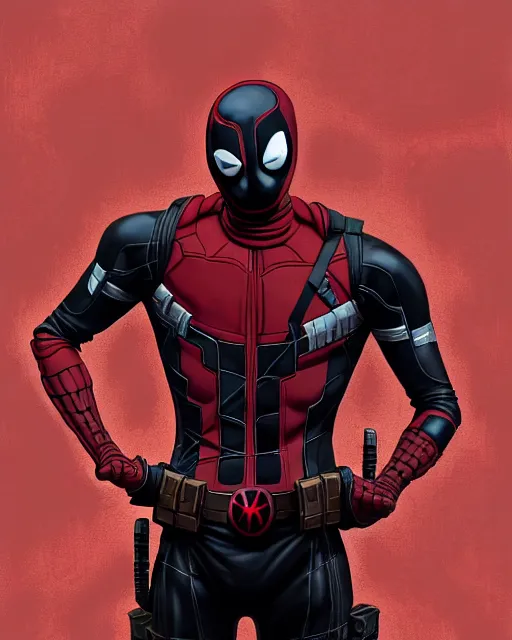 Image similar to highly detailed closeup portrait of a mutated venom symbiote in iron man suite suit with deadpool host, wearing black hoodie by atey ghailan, by greg rutkowski, by greg tocchini, by james gilleard, by joe fenton, by kaethe butcher, red, black, crimson and white color scheme, background is graffiti tag wall