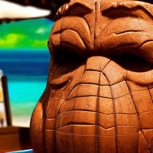 Prompt: a closeup photorealistic photograph of ben grimm's face on a tiki mug at trader vic's beach bar. fantastic four. tiki culture. bright scene. fine detail. this 4 k hd image is trending on artstation, featured on behance, well - rendered, extra crisp, features intricate detail, epic composition and the style of unreal engine.