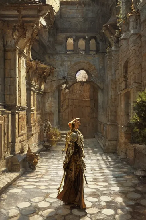 Image similar to an biomechanical palace guard walking through the byzantine courtyard by anders zorn, wonderful, masterpiece by greg rutkowski, beautiful cinematic light, by greg manchess, jessica rossier