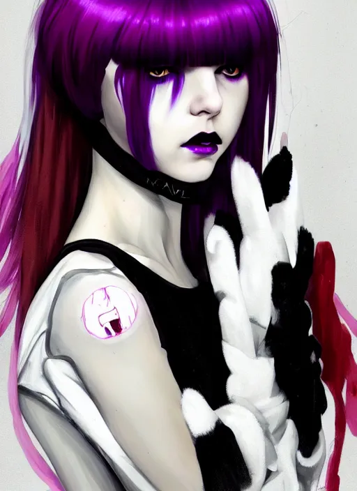 Image similar to portrait of white teenage girl, normal face, white bangs, mall goth, cyberlox, black and white hair, bangs, fluffy bangs, red contact lenses, purple lipstick, intricate, elegant, highly detailed, digital painting, artstation, concept art, sharp focus, smooth, illustration, art by wlop, mars ravelo and greg rutkowski