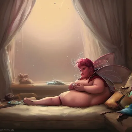 Prompt: a very fat fairy sitting on a messy couch in a messy room, burping because she ate too much pizza, fantasy art, illustration, amazing detail, in the style of greg rutkowski, artgerm, cgsociety