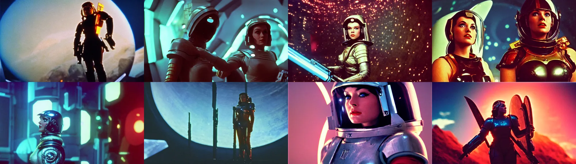 Prompt: 1 9 6 0 s movie still of a beautiful female valkyrie space marine, scifi, 2 0 0 1 a space odyssey, cinestill 8 0 0 t 3 5 mm, high quality, heavy grain, neon, cyberpunk, shadowrun, high detail, panoramic, cinematic composition, dramatic light, ultra wide lens, anamorphic, flares