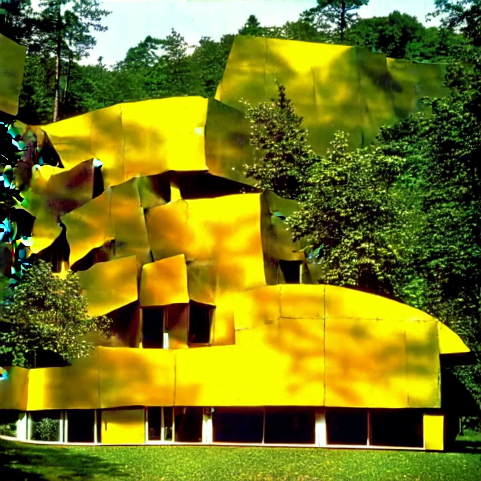 Image similar to a flat leveled house with big tiles in a forest, designed by Frank Gehry and more van der rohe. Film grain, cinematic, yellow hue