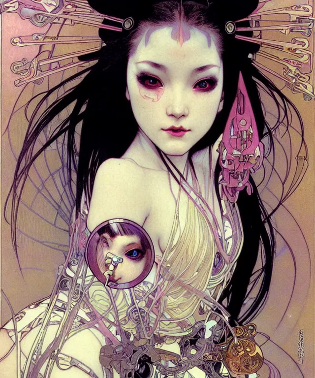 Prompt: realistic detailed face portrait of a beautiful futuristic very kid girl geisha in alien cyberpunk dress outfit by alphonse mucha, ayami kojima, amano, greg hildebrandt, and mark brooks, female, feminine, art nouveau, cyberpunk, neo - gothic, gothic, character concept design