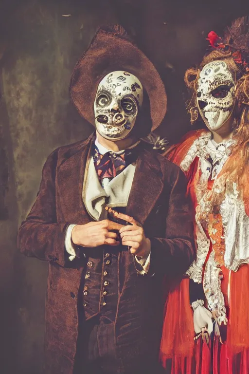 Prompt: a portrait photo of two persons dressed for the carnival of Venice, creepy, edvard munch, wide angle, contemporary and recent