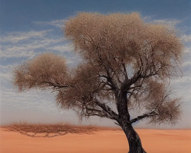 Image similar to a painting of a tree in the desert, an airbrush painting by breyten breytenbach, detailed sand pattern, cgsociety, neo - primitivism, airbrush art, dystopian art, apocalypse landscape