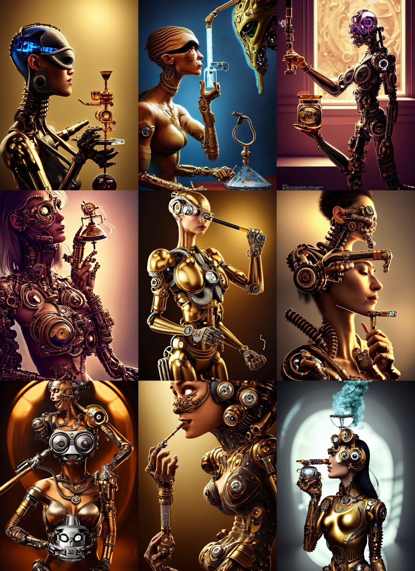 Prompt: polished masterpiece lush ornate ( filthy rich ) cyborg ( smoking a ( diamond bong ) ) : : weta disney pixar movie still photo : : hi - fructose, sci fi, decadent highly - detailed digital painting, golden ratio, accent lighting, octane render, artstation, smooth, sharp focus, beeple, artgerm, mucha, : :