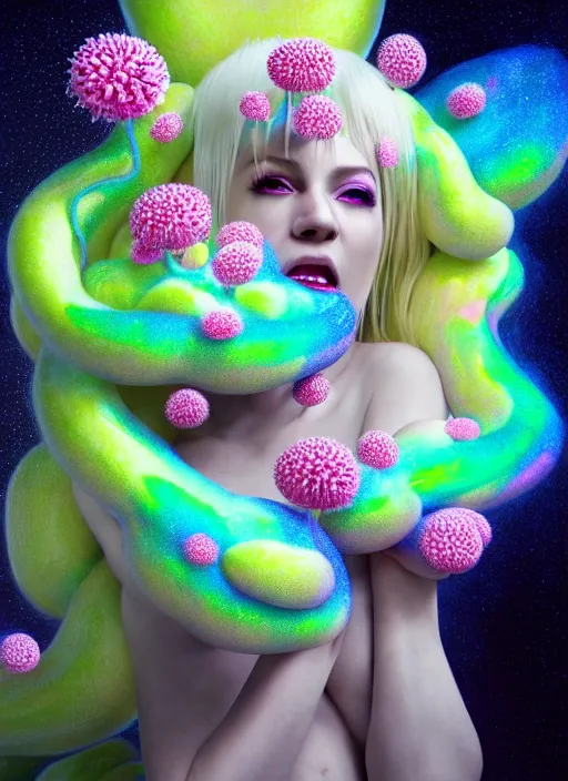 Image similar to hyper detailed 3d render like a Oil painting - kawaii portrait Aurora (white haired Singer Ferret) seen Eating of the Strangling network of yellowcake aerochrome and milky Fruit and Her delicate Hands hold of gossamer polyp blossoms bring iridescent fungal flowers whose spores black the foolish stars by Jacek Yerka, Mariusz Lewandowski, Houdini algorithmic generative render, Abstract brush strokes, Masterpiece, Edward Hopper and James Gilleard, Zdzislaw Beksinski, Mark Ryden, Wolfgang Lettl, hints of Yayoi Kasuma, octane render, 8k