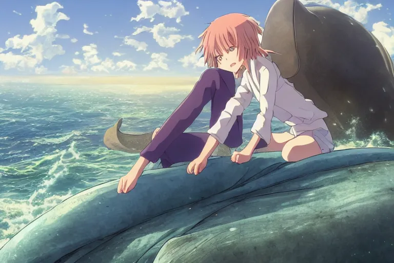 Image similar to a vast scene, panorama distant view, anime art full body portrait character concept art, hyper detailed scene render of the girl sat on the back of the whale, anime key visual of children of the sea, finely detailed perfect face, on the sea, makoto shinkai, violet evergarden, studio ghibli, james jean, hayao miyazaki, extremely high quality artwork