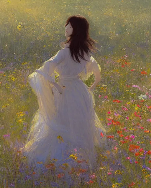 Image similar to A realistic painting of a beautiful anime woman standing in a large field of wildflowers background by Frank Weston Benson and Miyazaki Hayao, wind blowing