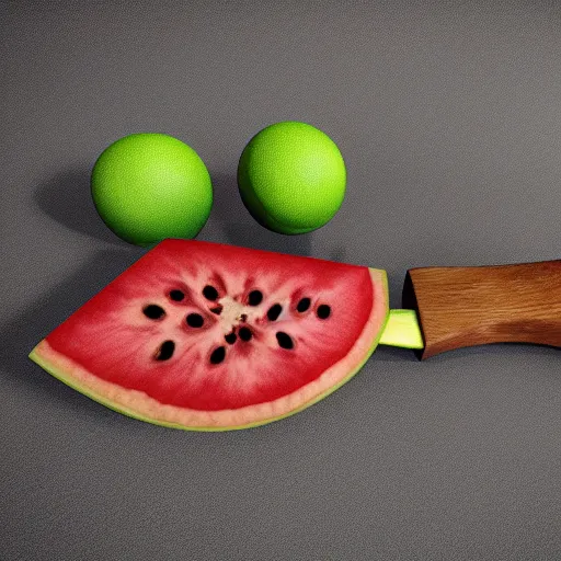 Image similar to vr game, axe in hand, variety of fruits on the front view, low poly