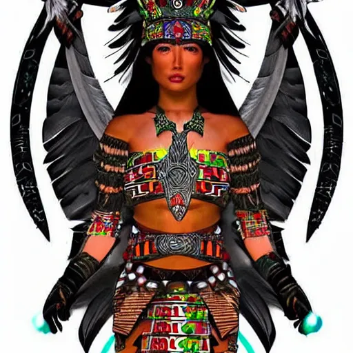 Prompt: character design, aztec warrior goddess, crown of body length feathers, full body, glowing aztec tattoos, beautiful, dark fantasy