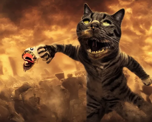 Image similar to an epic action concept masterpiece of crazed and desperate cat, inspired by sd ai, digital art, horrific cinematic lighting, 4 k