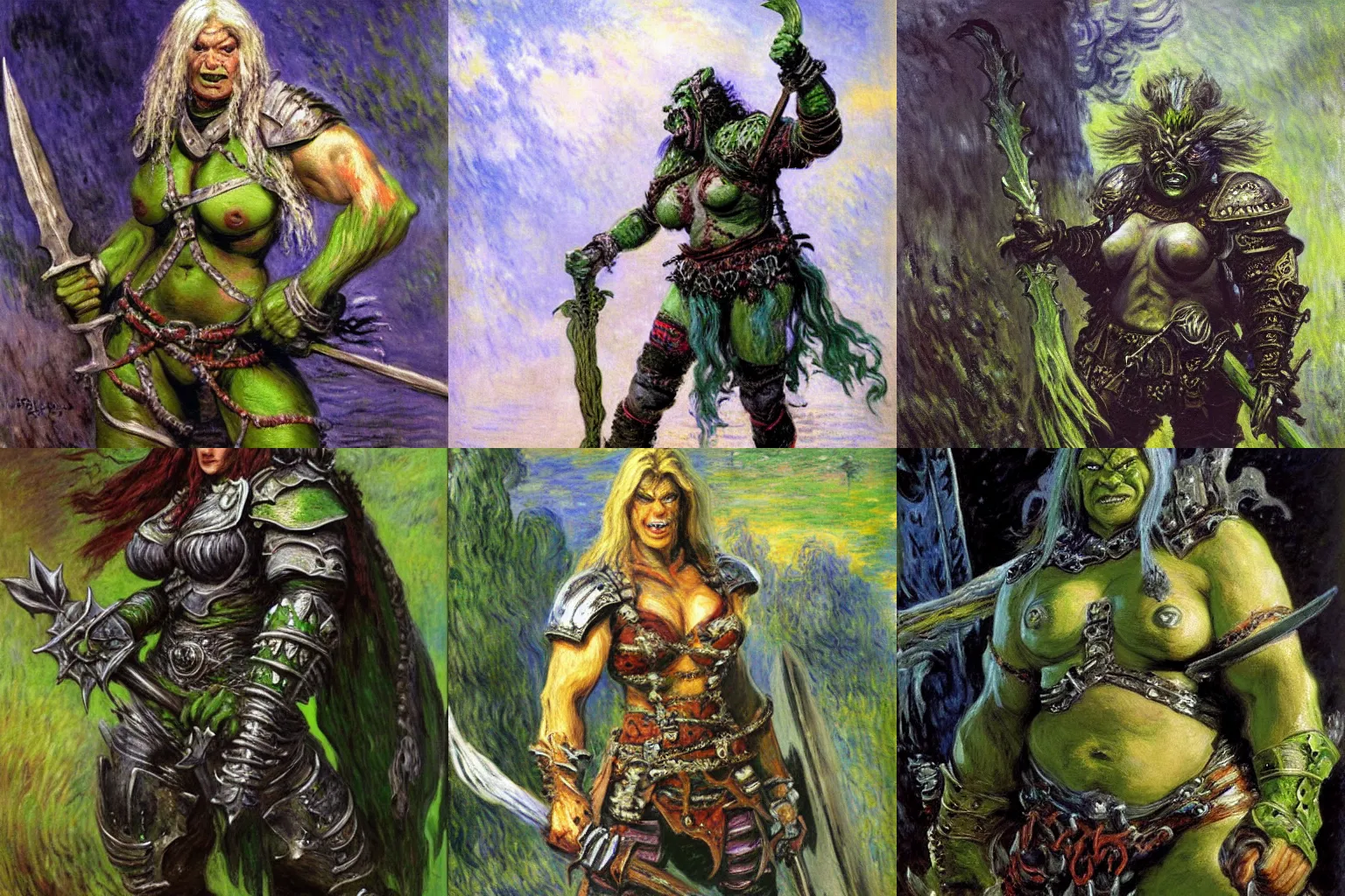 Prompt: A big green orc lady barbarian with heavy-plate-armor. Fierce fantasy artwork by Charles Monet and Greg staples and Kev Walker, oil painting on matte canvas