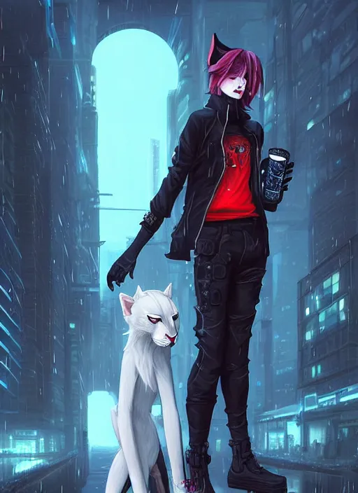 Prompt: award winning beautiful portrait commission art of a male furry anthro albino mountain lion fursona with a tail and a cute beautiful attractive detailed furry face wearing black stylish cyberpunk pants, black stylish cyberpunk boots, red cyberpunk vest in a cyberpunk city at night while it rains. Character design by charlie bowater, ross tran, artgerm, and makoto shinkai, detailed, inked, western comic book art