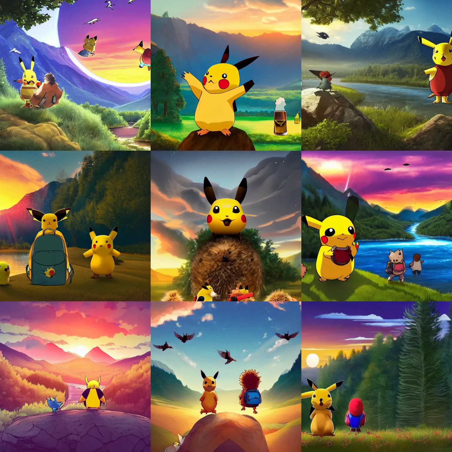 Prompt: A majestic landscape featuring a river, mountains and a forest. A group of birds is flying in the sky. There is an pikachu with a hedgehog standing next to him. The pikachu is wearing a backpack and drinking a beer. They are both staring at the sunset. Cinematic, very beautiful