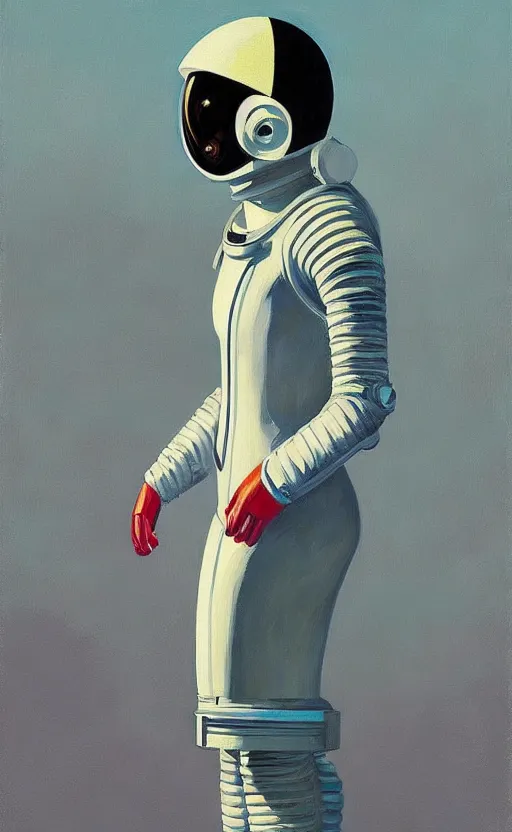 Image similar to Portrait of a woman astronaut with helmet and black latex suit, very coherent, painted by Edward Hopper, painted by James Gilleard, airbrush, art by JamesJean