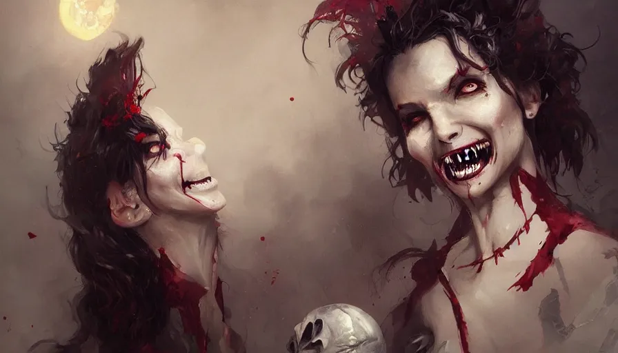 Image similar to A beautiful painting of Josie Maran as a undead smiling fanged vampire by greg rutkowski and Kalin Popov , Trending on artstation HD.