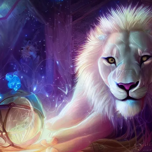 Prompt: aesthetic portrait commission of a albino male furry anthro lion sleeping inside a holographic iridescent reflective bubble in the blue sky, cozy Atmosphere, hyperdetailed. Character design by charlie bowater, ross tran, artgerm, and makoto shinkai, detailed, inked, western comic book art, 2021 award winning painting