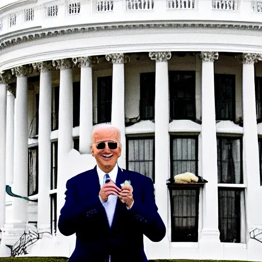 Prompt: joe biden with sunglasses on licking an icecream cone standing in the whitehouse