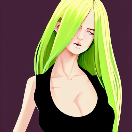 Image similar to long shot of blonde girl in black top, and with green eyes, digital art, trending on artstation