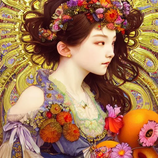 Image similar to a masterpiece ultrarealistic ultradetailed portrait of beautiful love, jewelry genius, witch girl on fruits street market baroque renaissance. medium shot, intricate, elegant, by stanley artgerm lau, wlop, alphonse mucha, rossdraws, andrei riabovitchev, yoshitaka amano. flower background my james jeand and takashi murakami.