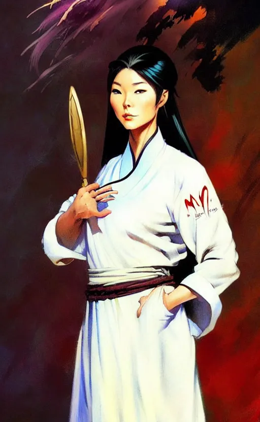 Prompt: magic : the gathering fantasy character concept art by frank frazetta and marco bucci, high resolution. a clear portrait of a stunning female south korean chef, wearing a hanbok apron, radiating powerful culinary energy, fantasy coloring, intricate, digital painting, artstation, smooth, sharp focus