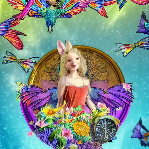 Prompt: fairy tale, birds, flowers, alice in wonderland style, old house, bunnies, doves, sun, clock, psychedelic, rainbow, embroidery, beautiful dress, sky wings, Ukrainian flag, 8k, 3d, intricate details, fine details, extra details, photorealistic, cinematic, high resolution, abstract