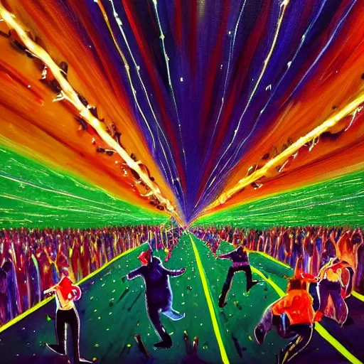 Prompt: guy running in a crowd of people. art style based on beams of light and wires. very colorful. panic attak. dynamic. social anxiety. painting