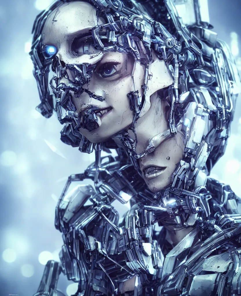 Image similar to close-up macro portrait of the face of a beautiful cyberpunk girl with mecha, epic angle and pose, ribcage skeleton symmetrical artwork, 3d with depth of field, blurred background, cybernetic machine female face, translucent, nautilus, energy flows of energy. a highly detailed epic cinematic concept art CG render. made in Maya, Blender and Photoshop, octane render, excellent composition, cinematic dystopian brutalist atmosphere, dynamic dramatic cinematic lighting, aesthetic, very inspirational, arthouse, Greg Rutkowski, Ilya Kuvshinov, WLOP, Stanley Artgerm Lau, Ruan Jia and Fenghua Zhong