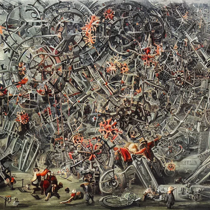 Prompt: grotesque painting showing humanity throwing itself upon the gears of the capitalist death machine