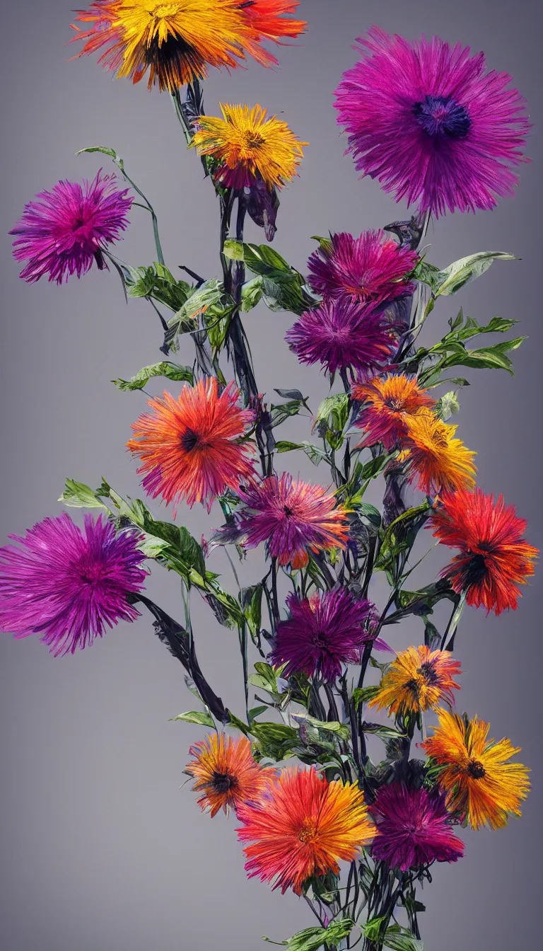 Prompt: colorful beautiful ostrich flowers from single stem, volumetric dramatic light, dark black background, sharp focus, highly realistic, octane render, art by greg rutsowski