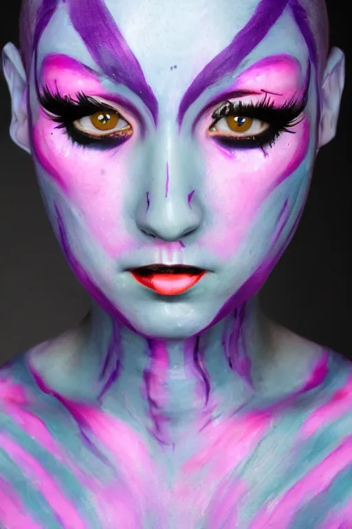 Image similar to purple - skinned alien girl, cosplay, photo shoot, body paint, beautiful symmetric face, studio lighting