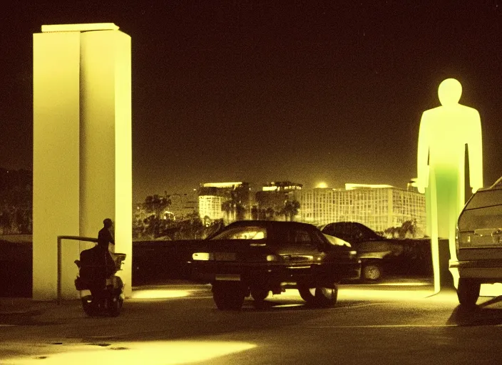 Image similar to glowing figures and a building seen from a dark parking lot in los angeles at night. 1 9 9 0 urban photography