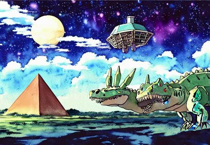 Prompt: a hyperrealist watercolor concept art from a studio ghibli film showing a giant mechanized crocodile from howl's moving castle ( 2 0 0 4 ). a pyramid is under construction in the background, in the rainforest on a misty and starry night. a ufo is in the sky. by studio ghibli