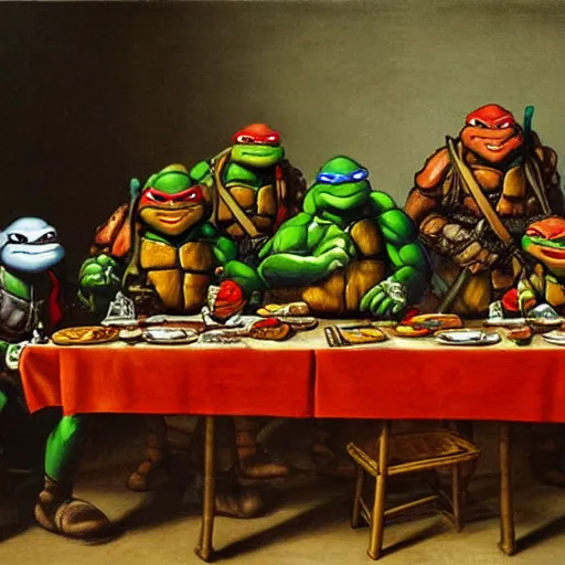 Prompt: teenage mutant ninja turtles are sitting at the table. da vinci. secret supper. coca - cola on the table. pizza on the table. realistic oil painting on canvas. great rendering