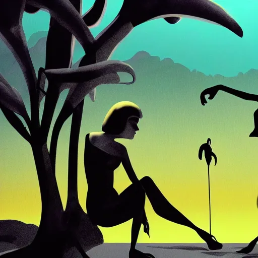 Prompt: A surreal comic noir illustration containing Natalie Portman and Flamingos on a desert beach oasis by Salvador Dali, dark vibes, high contrast, pastel lighting, cinematic, depth of field, 8k