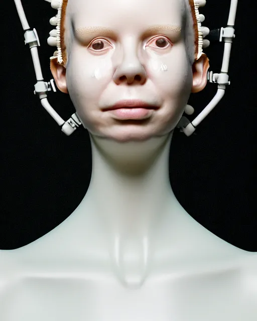 Image similar to portrait of a woman wearing a green embroidered translucent silicone mask and white frizzy hair buns, wearing a black bodysuit by alexander mcqueen, cream white background, soft diffused light, biotechnology, humanoide robot, bjork aesthetic, translucent, by rineke dijkstra, intricate details, highly detailed, masterpiece,