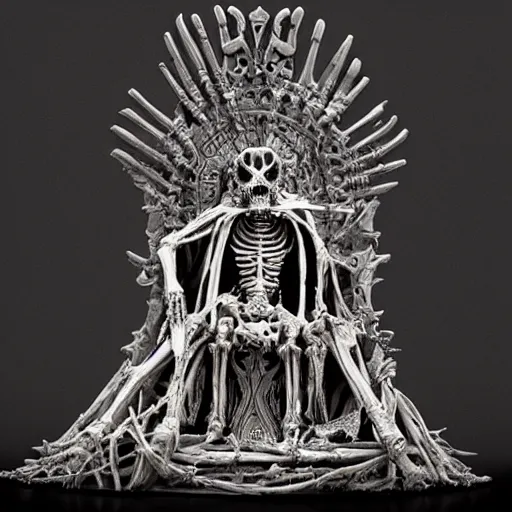 Image similar to A lich sitting on the throne made of bones, magical glow, intricate, sharp details